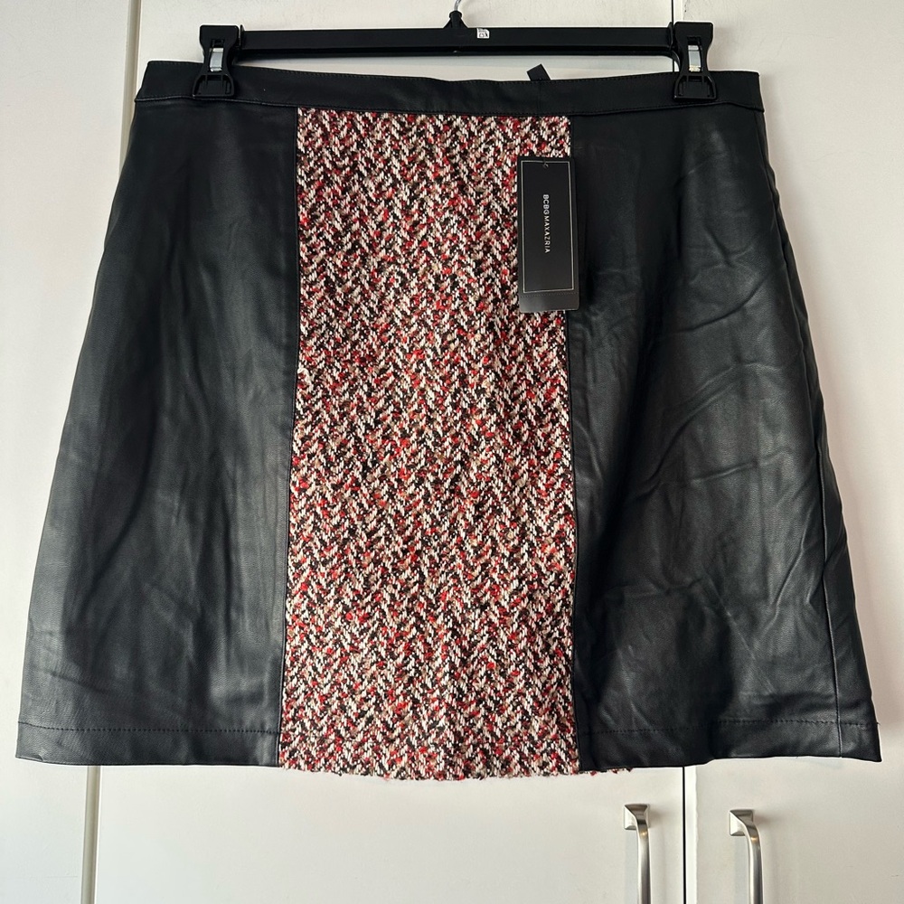 BCBGMAXAZRIA Faux Leather Panel Skirt Size L NWT Tweed MSRP $158
